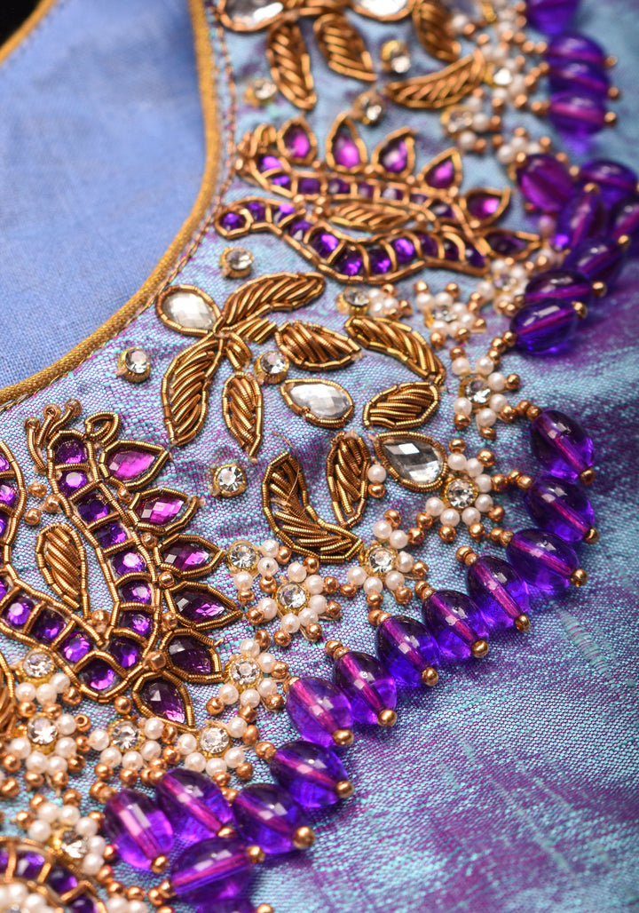 Periwinkle Pure Raw Silk blouse with Necklace and bajubandh hand jadau embroidery, Made to Order