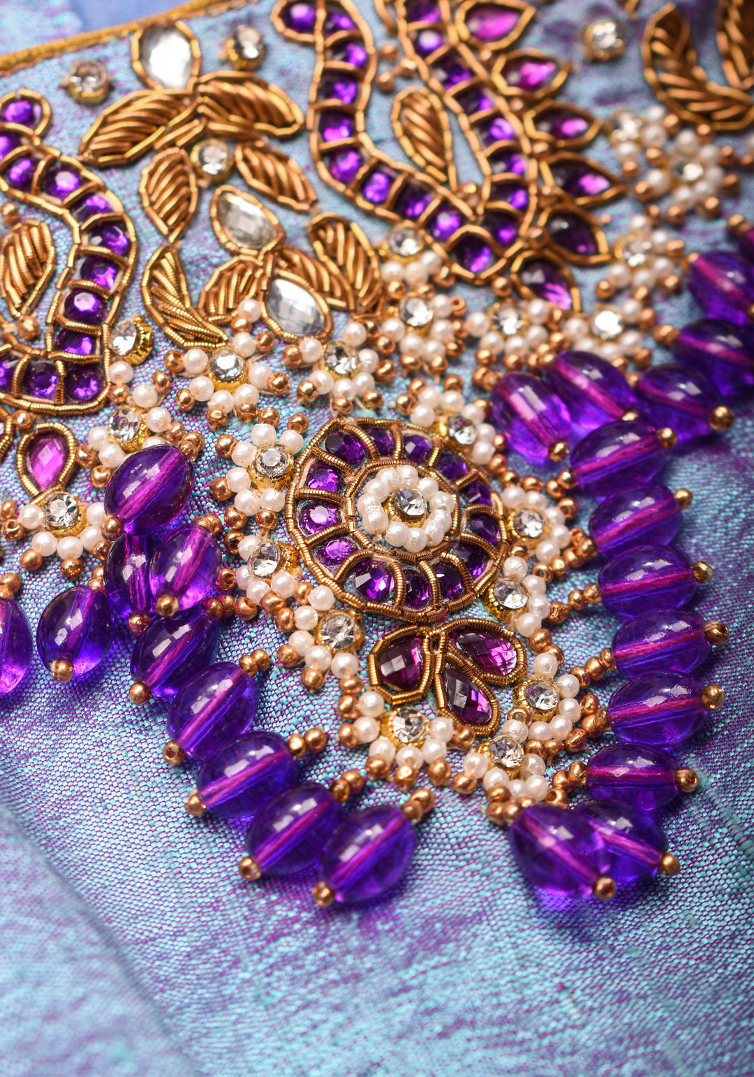 Periwinkle Pure Raw Silk blouse with Necklace and bajubandh hand jadau embroidery, Made to Order