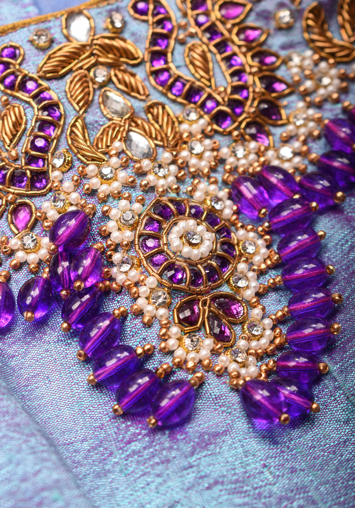 Periwinkle Pure Raw Silk blouse with Necklace and bajubandh hand jadau embroidery, Made to Order