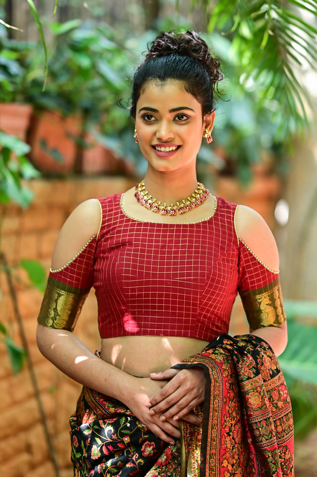 Red checked chettinadu cotton closed U neck with cold shoulder sleeves | SHOBITAM