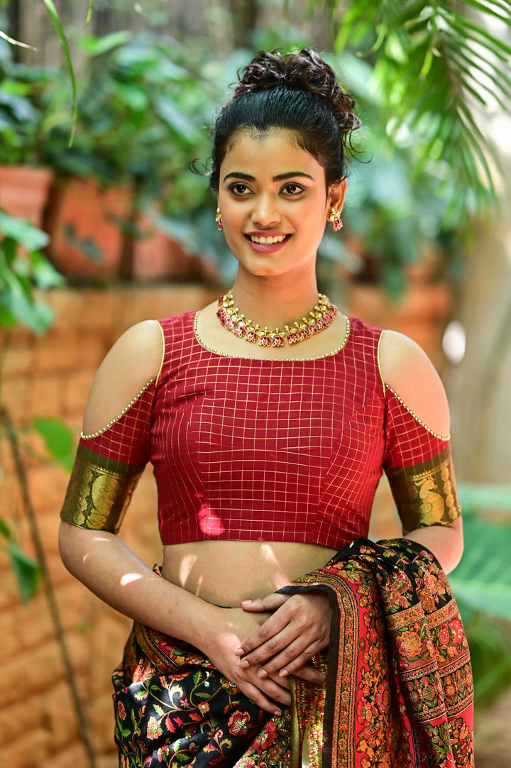 Red checked chettinadu cotton closed U neck with cold shoulder sleeves | SHOBITAM