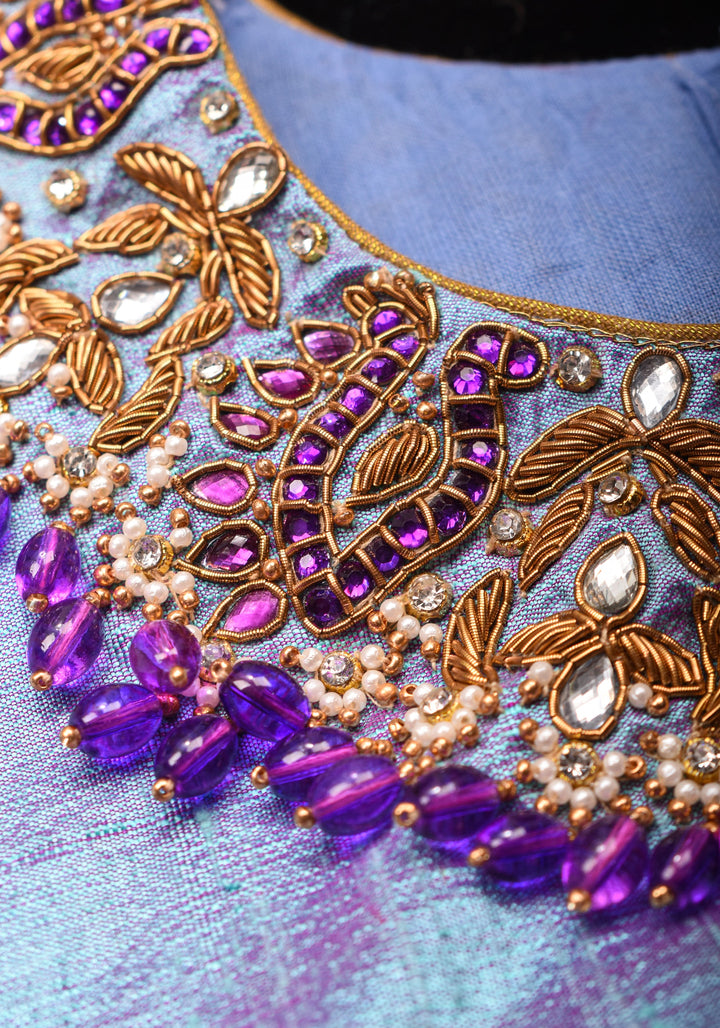 Periwinkle Pure Raw Silk blouse with Necklace and bajubandh hand jadau embroidery, Made to Order