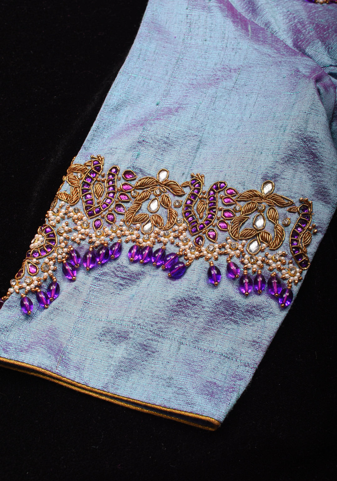 Periwinkle Pure Raw Silk blouse with Necklace and bajubandh hand jadau embroidery, Made to Order