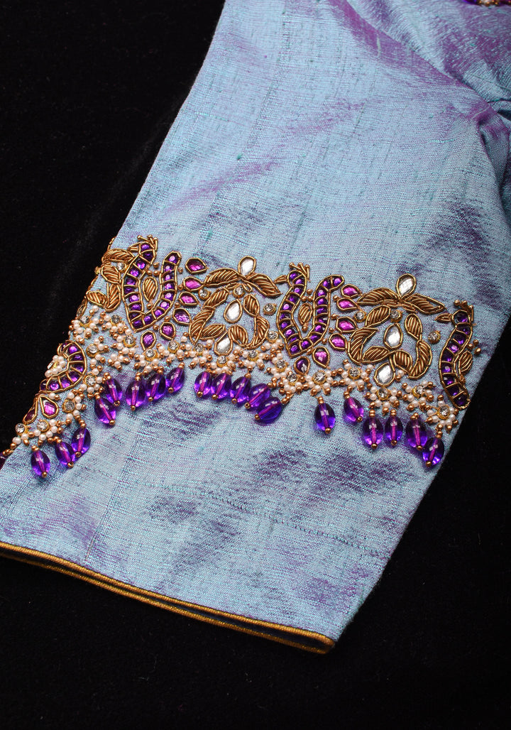 Periwinkle Pure Raw Silk blouse with Necklace and bajubandh hand jadau embroidery, Made to Order