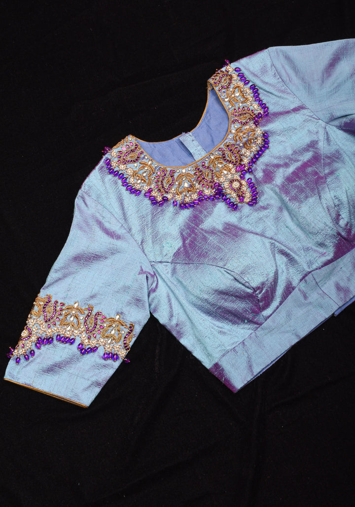 Periwinkle Pure Raw Silk blouse with Necklace and bajubandh hand jadau embroidery, Made to Order