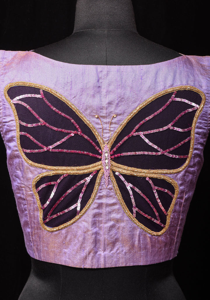 Lavender Pure Tissue Raw Silk blouse with Butterfly Cutout tone on tone embellishments, customizable, made to order
