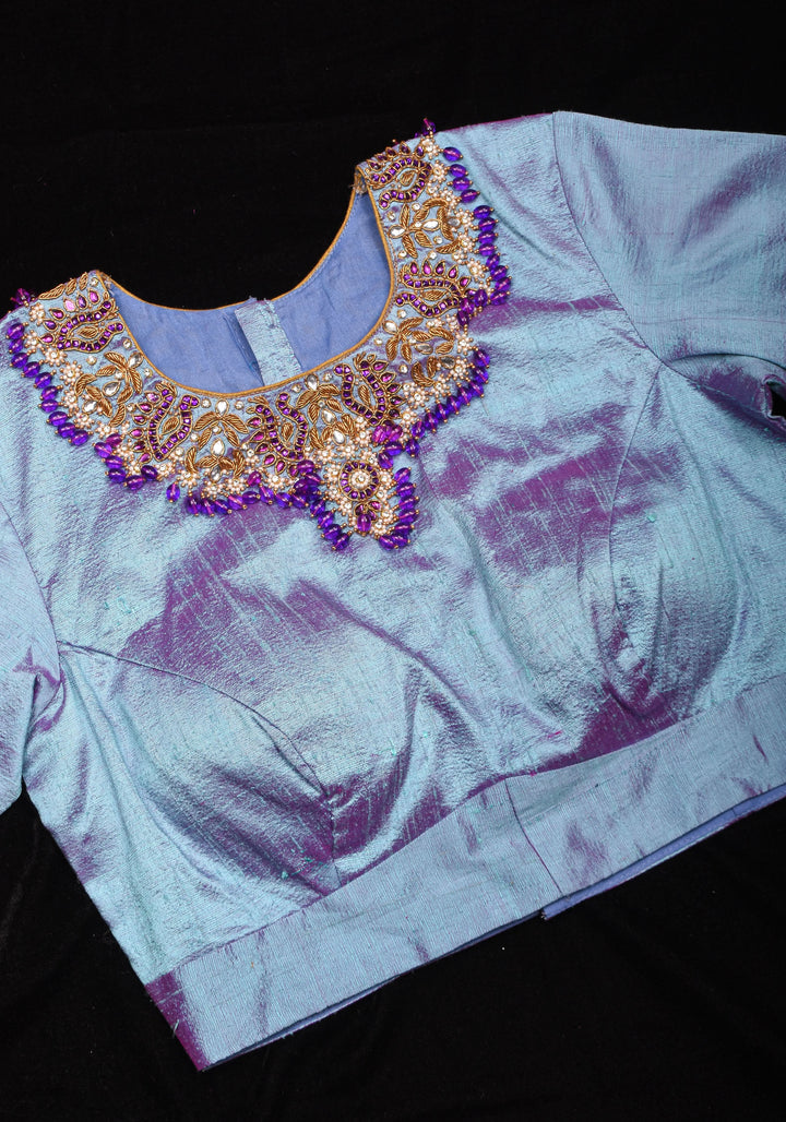 Periwinkle Pure Raw Silk blouse with Necklace and bajubandh hand jadau embroidery, Made to Order
