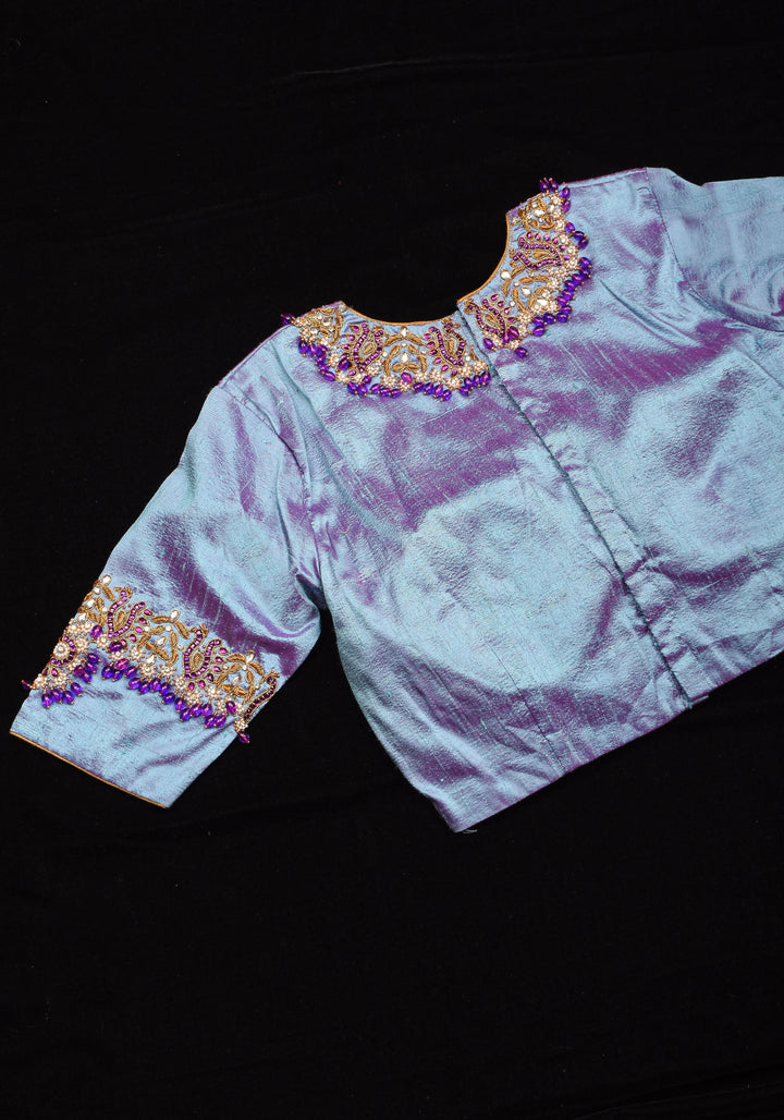 Periwinkle Pure Raw Silk blouse with Necklace and bajubandh hand jadau embroidery, Made to Order