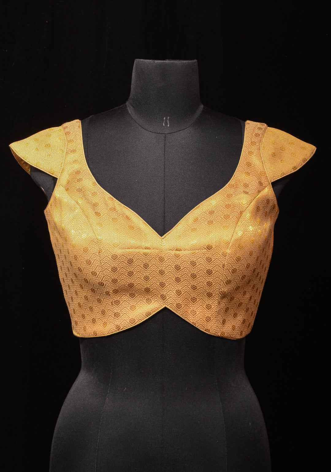 Golden Brocade blouse with Cap Sleeve and Leaf Neck, Customizable, Made To Order