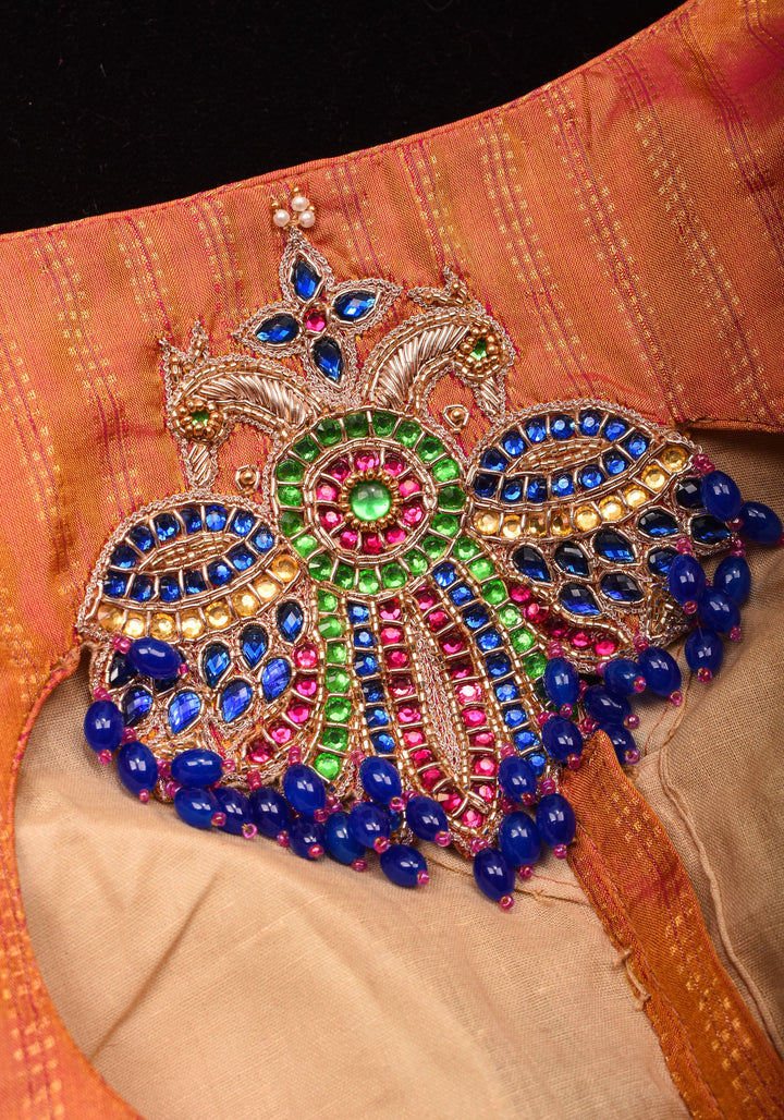 Kesari Mustard Pure Kanjivaram silk blouse with Berunda Hand Kundanwork , Made to Order