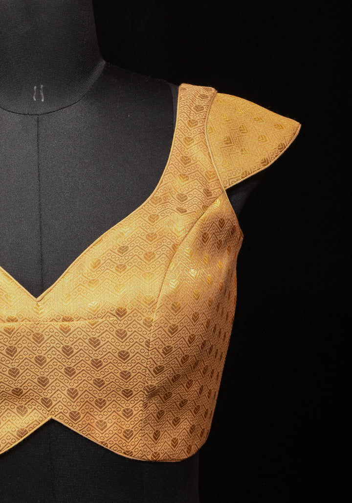 Golden Brocade blouse with Cap Sleeve and Leaf Neck, Customizable, Made To Order
