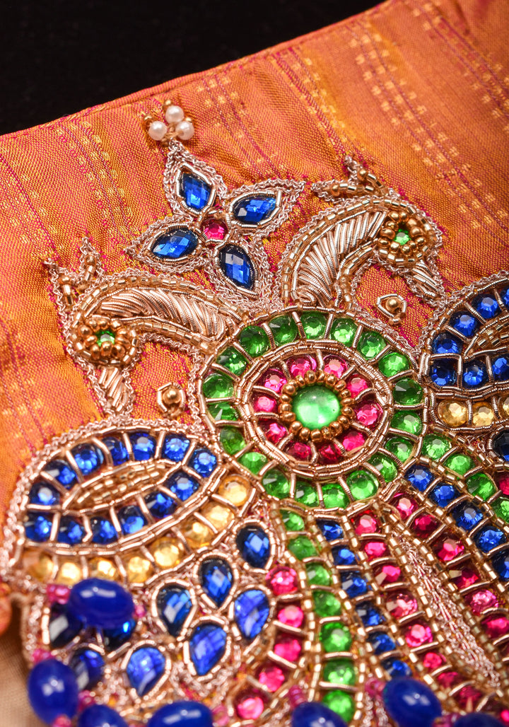 Kesari Mustard Pure Kanjivaram silk blouse with Berunda Hand Kundanwork , Made to Order
