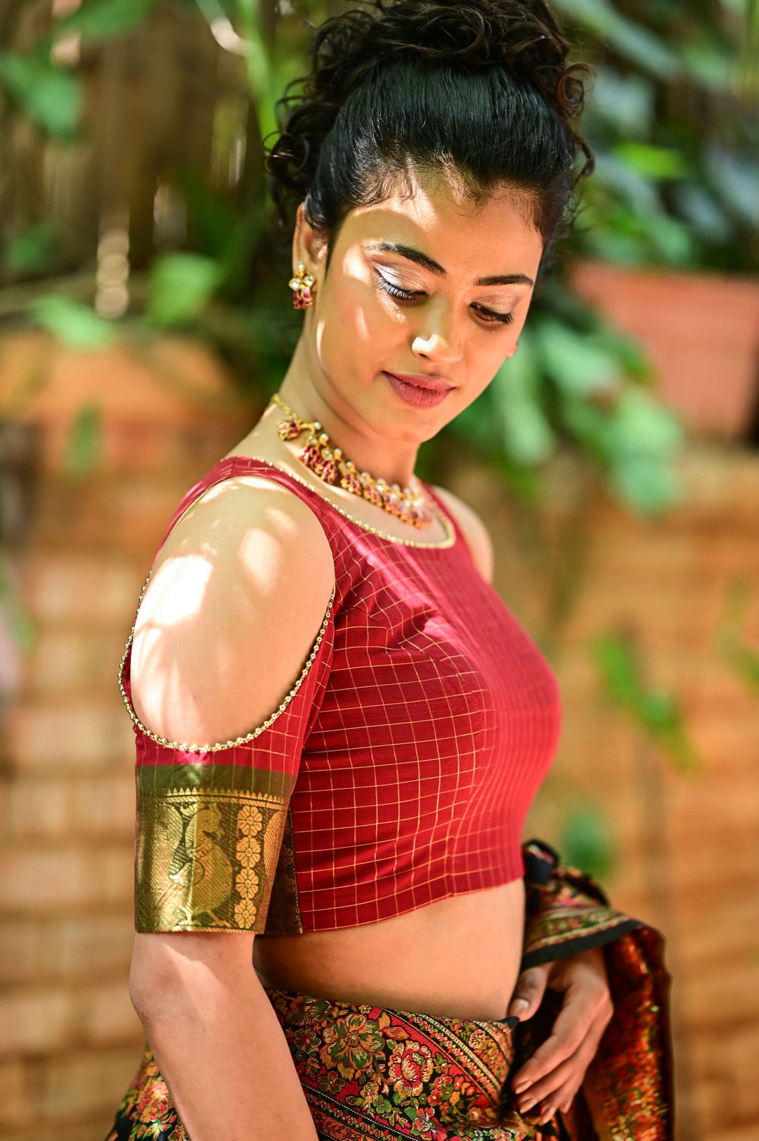 Red checked chettinadu cotton closed U neck with cold shoulder sleeves | SHOBITAM