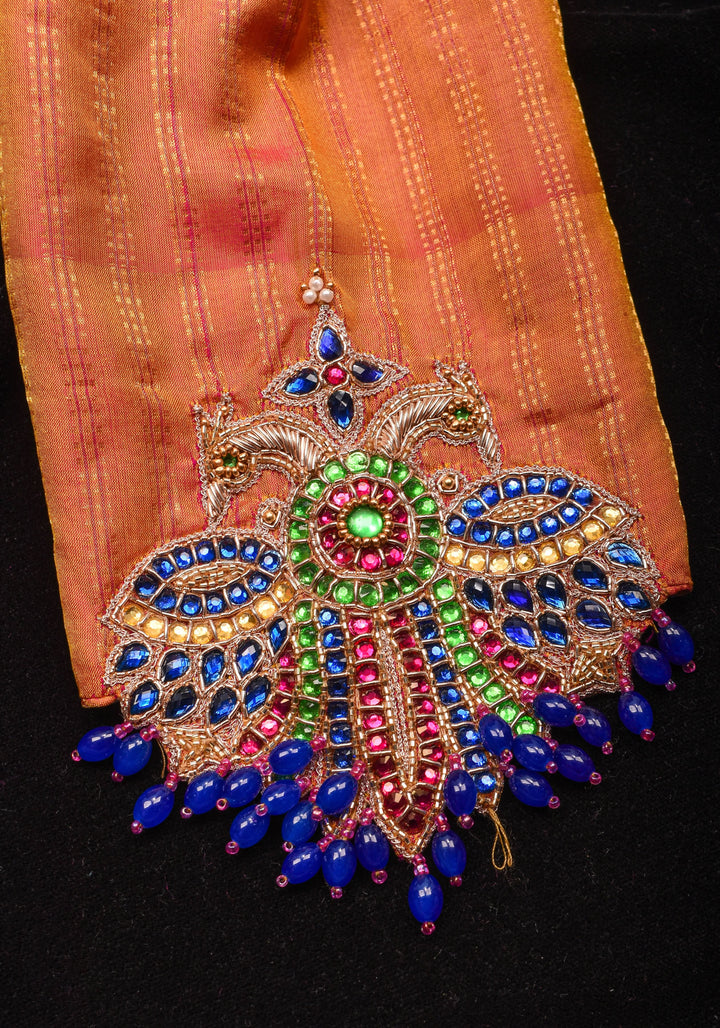 Kesari Mustard Pure Kanjivaram silk blouse with Berunda Hand Kundanwork , Made to Order