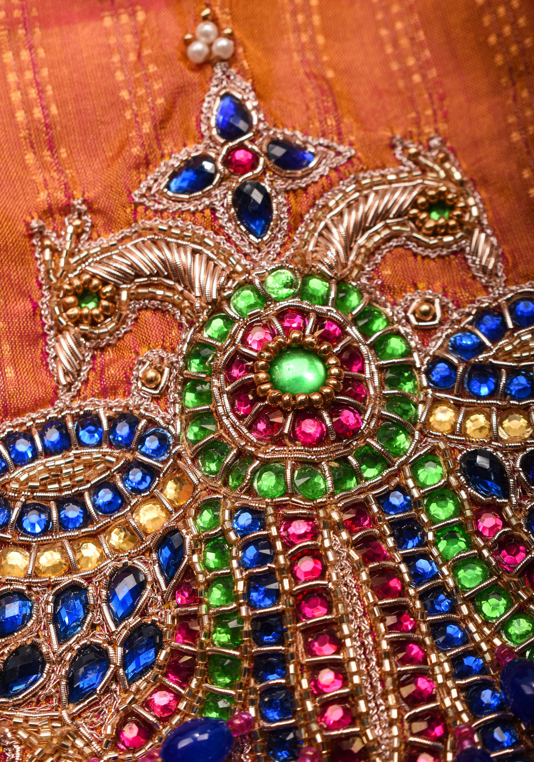 Kesari Mustard Pure Kanjivaram silk blouse with Berunda Hand Kundanwork , Made to Order