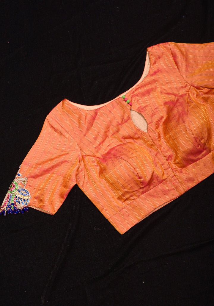 Kesari Mustard Pure Kanjivaram silk blouse with Berunda Hand Kundanwork , Made to Order