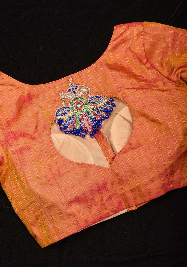 Kesari Mustard Pure Kanjivaram silk blouse with Berunda Hand Kundanwork , Made to Order