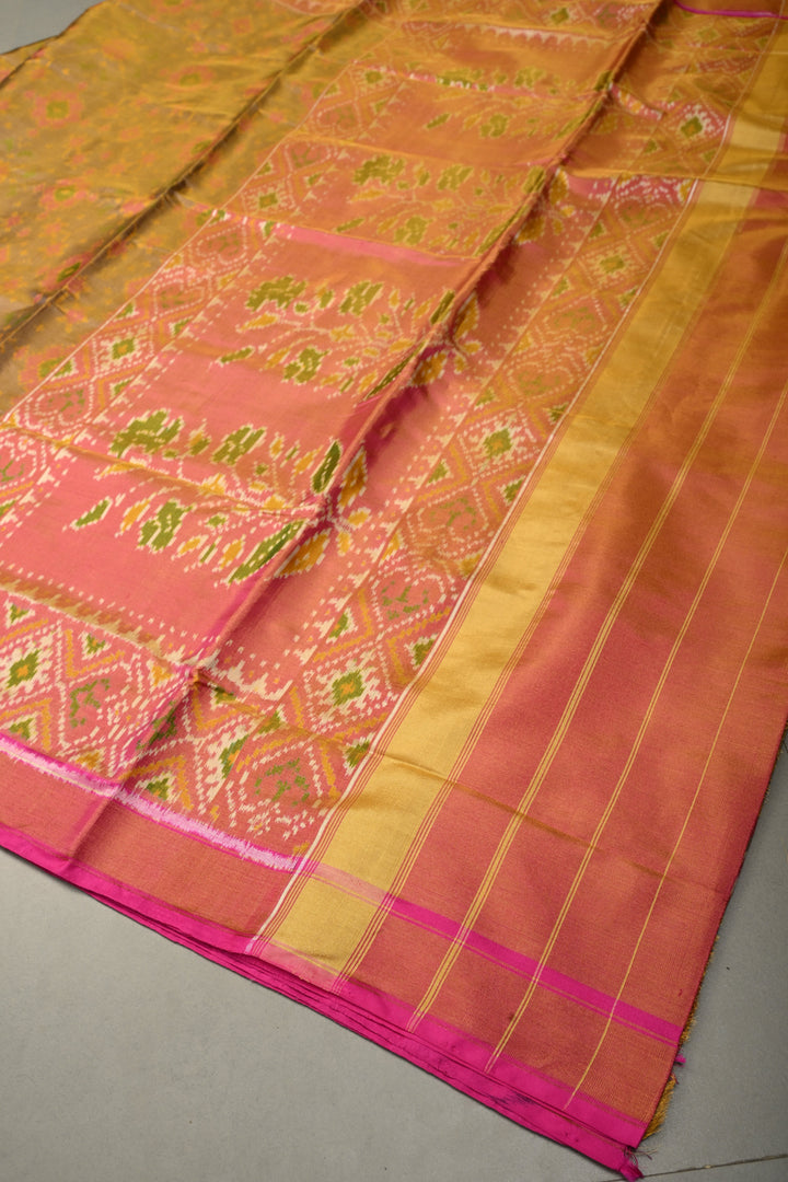 Green Rajkot Patola Single Tissue Ikkat Silk Saree with Geometric Meenakari Brocade and Muted Zari Border | SILK MARK CERTIFIED | SHOBITAM