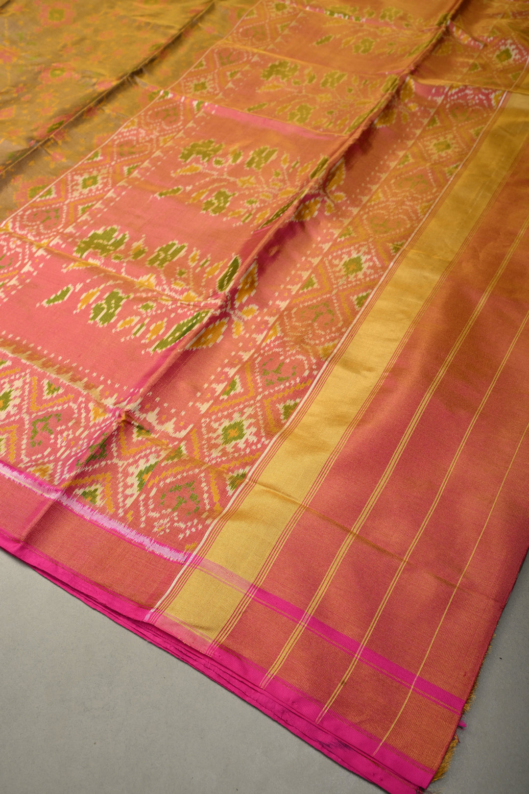 Green Rajkot Patola Single Tissue Ikkat Silk Saree with Geometric Meenakari Brocade and Muted Zari Border | SILK MARK CERTIFIED | SHOBITAM