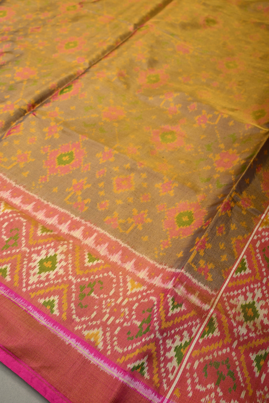 Green Rajkot Patola Single Tissue Ikkat Silk Saree with Geometric Meenakari Brocade and Muted Zari Border | SILK MARK CERTIFIED | SHOBITAM
