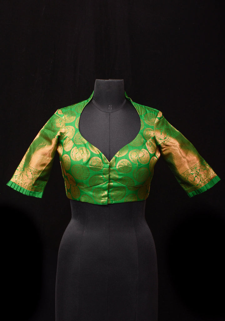 Leaf Green Pure Silk Kanjivaram Brocade Blouse with rising sun cutout and Potli Button detailing,  Made to Order, Customization