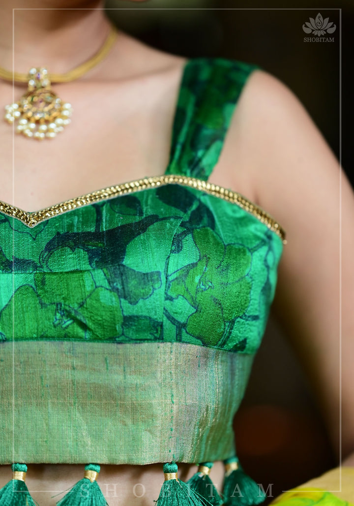 Green Pure Raw Silk Blouse with floral digital print and Tassels base
