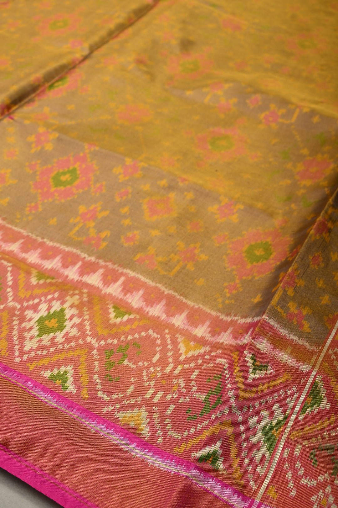 Green Rajkot Patola Single Tissue Ikkat Silk Saree with Geometric Meenakari Brocade and Muted Zari Border | SILK MARK CERTIFIED | SHOBITAM