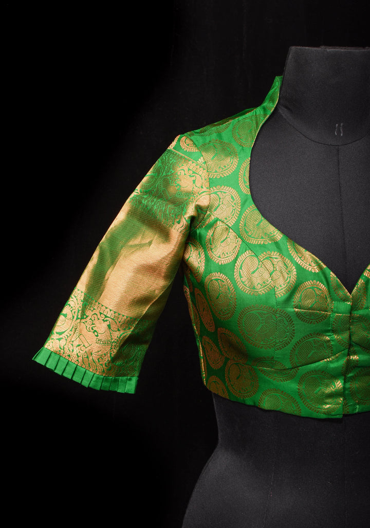 Leaf Green Pure Silk Kanjivaram Brocade Blouse with rising sun cutout and Potli Button detailing,  Made to Order, Customization