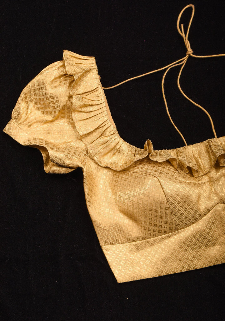 Gold Blouse with Scoop Neck frill detailing and puff sleeves , Made to Order