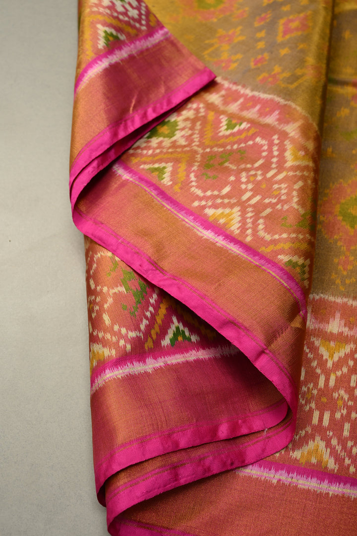 Green Rajkot Patola Single Tissue Ikkat Silk Saree with Geometric Meenakari Brocade and Muted Zari Border | SILK MARK CERTIFIED | SHOBITAM