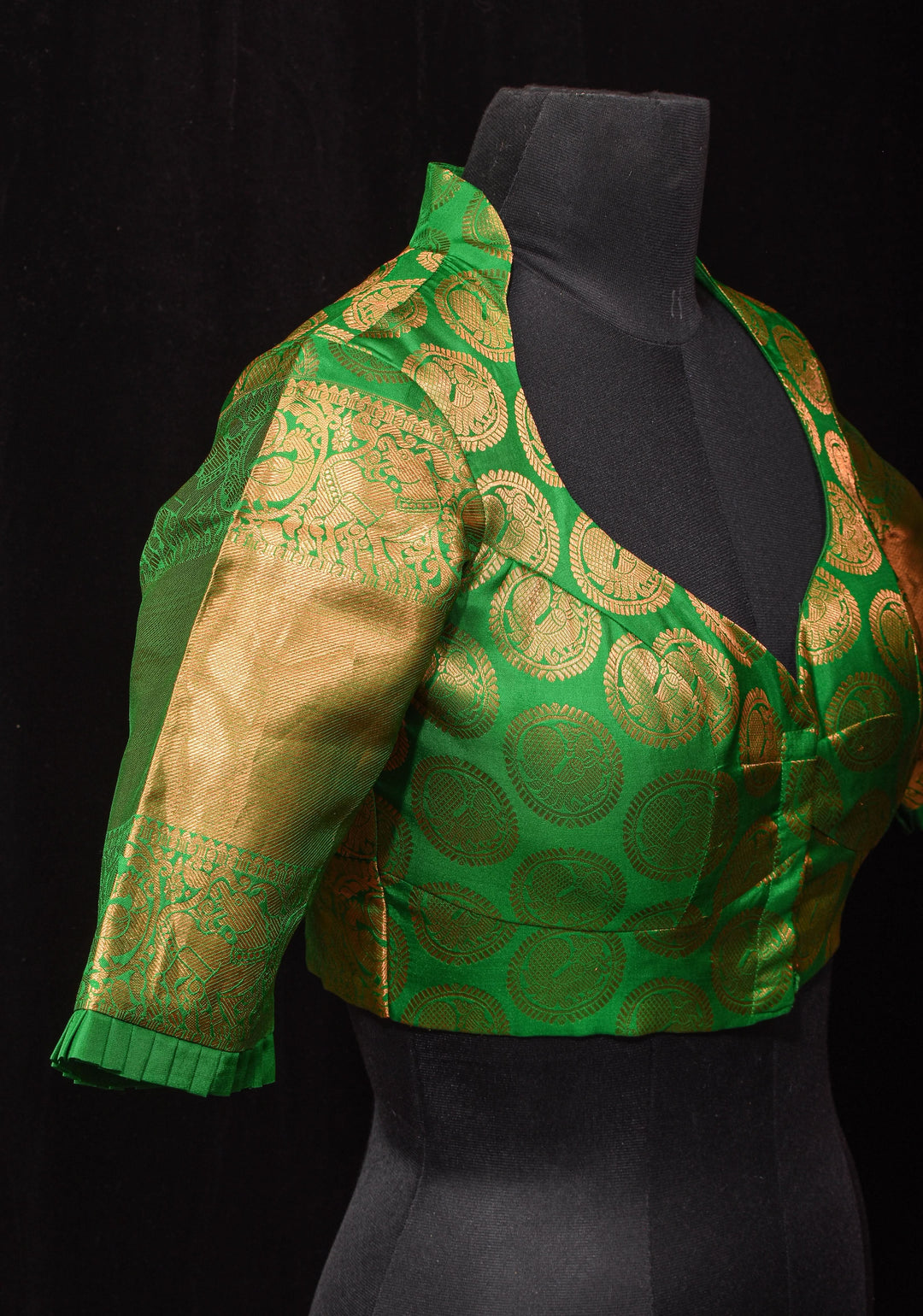 Leaf Green Pure Silk Kanjivaram Brocade Blouse with rising sun cutout and Potli Button detailing,  Made to Order, Customization