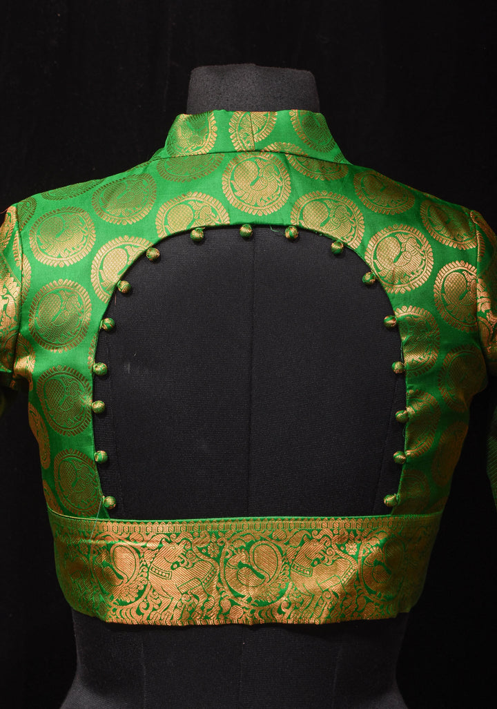Leaf Green Pure Silk Kanjivaram Brocade Blouse with rising sun cutout and Potli Button detailing,  Made to Order, Customization