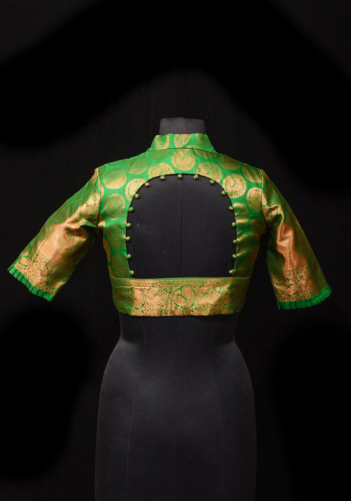 Leaf Green Pure Silk Kanjivaram Brocade Blouse with rising sun cutout and Potli Button detailing,  Made to Order, Customization