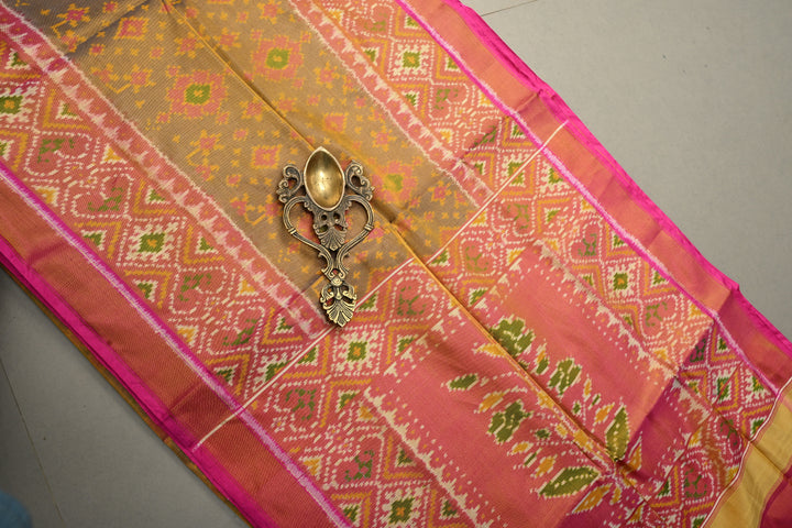 Green Rajkot Patola Single Tissue Ikkat Silk Saree with Geometric Meenakari Brocade and Muted Zari Border | SILK MARK CERTIFIED | SHOBITAM