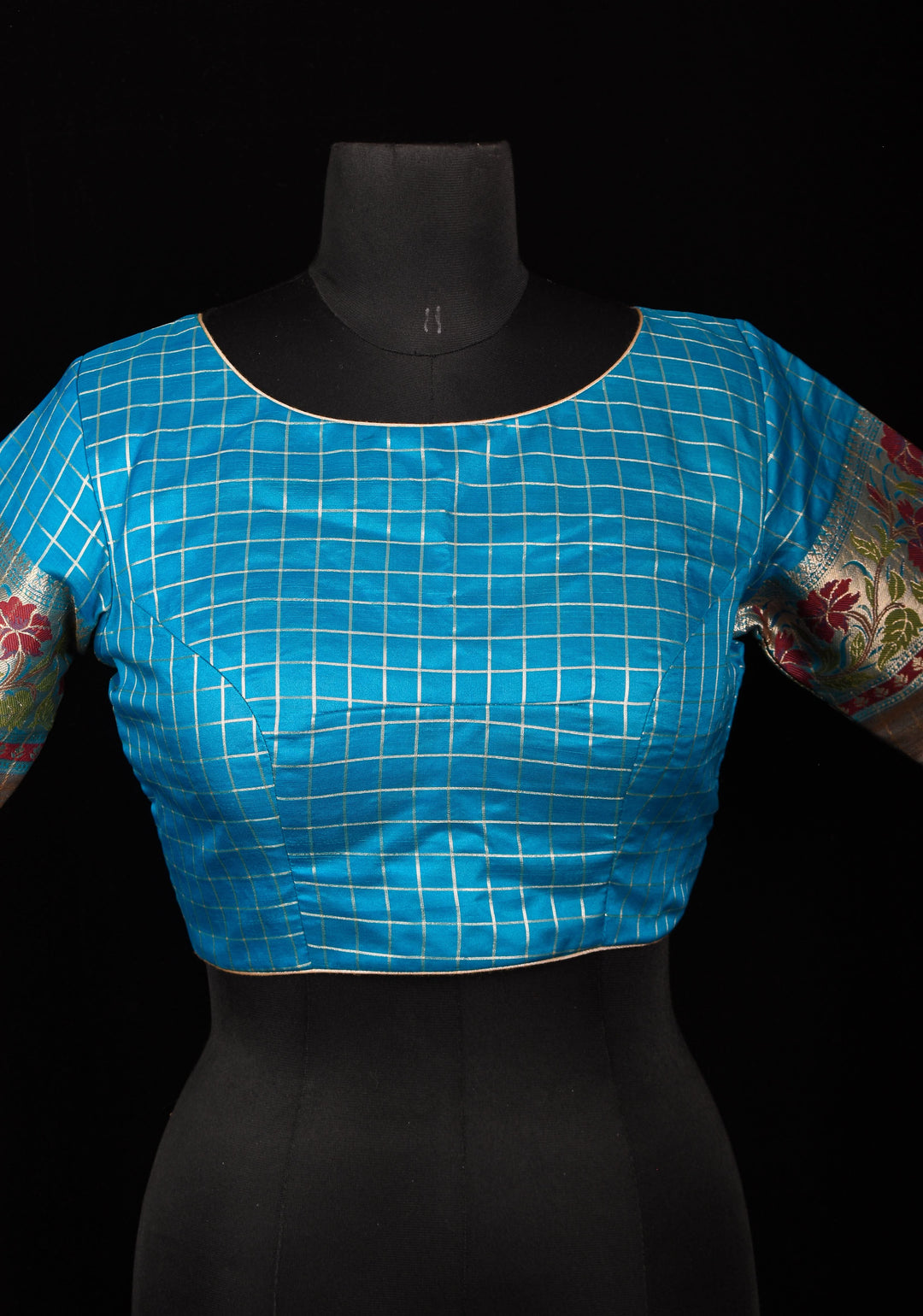 Size 38: Blue Zari Checks Cotton Blouse with meenakari zari border Sleeve