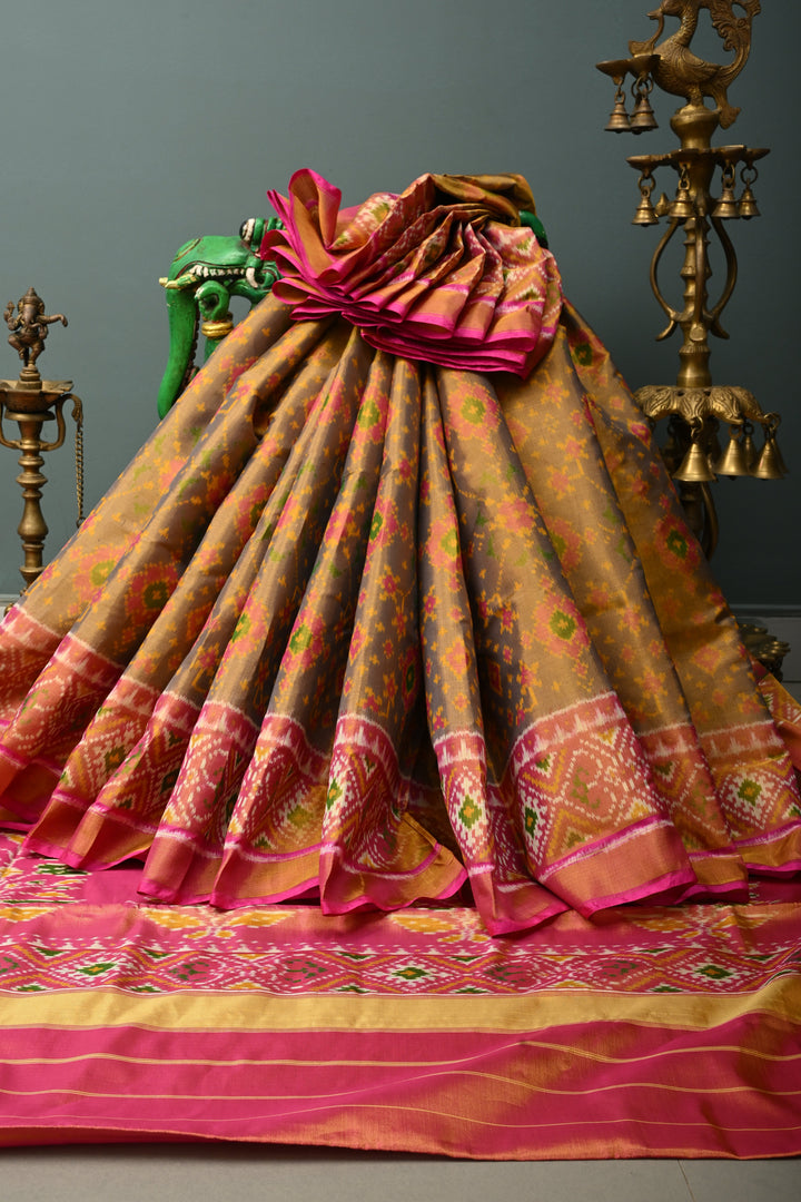 Green Rajkot Patola Single Tissue Ikkat Silk Saree with Geometric Meenakari Brocade and Muted Zari Border | SILK MARK CERTIFIED | SHOBITAM