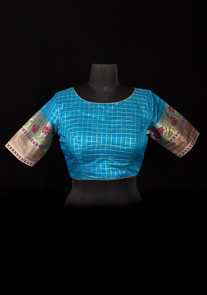 Size 38: Blue Zari Checks Cotton Blouse with meenakari zari border Sleeve