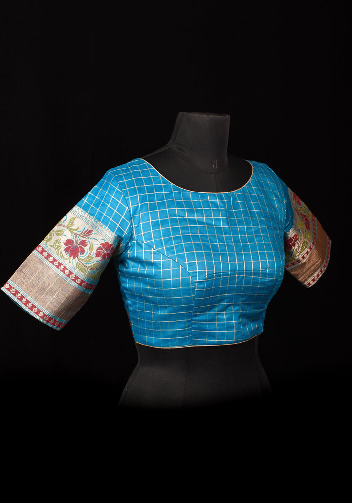 Size 38: Blue Zari Checks Cotton Blouse with meenakari zari border Sleeve