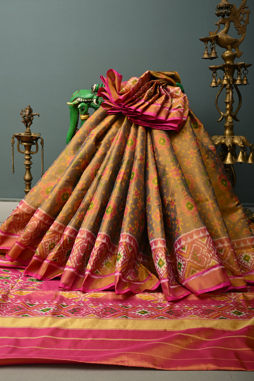 Green Rajkot Patola Single Tissue Ikkat Silk Saree with Geometric Meenakari Brocade and Muted Zari Border | SILK MARK CERTIFIED | SHOBITAM