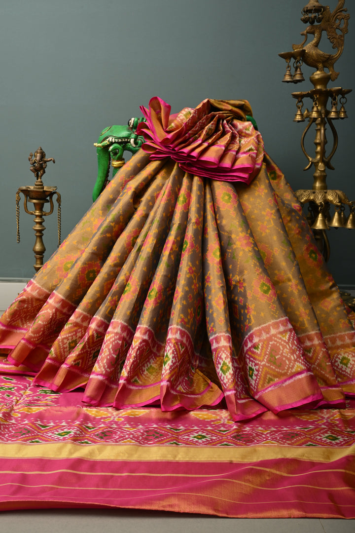 Green Rajkot Patola Single Tissue Ikkat Silk Saree with Geometric Meenakari Brocade and Muted Zari Border | SILK MARK CERTIFIED | SHOBITAM