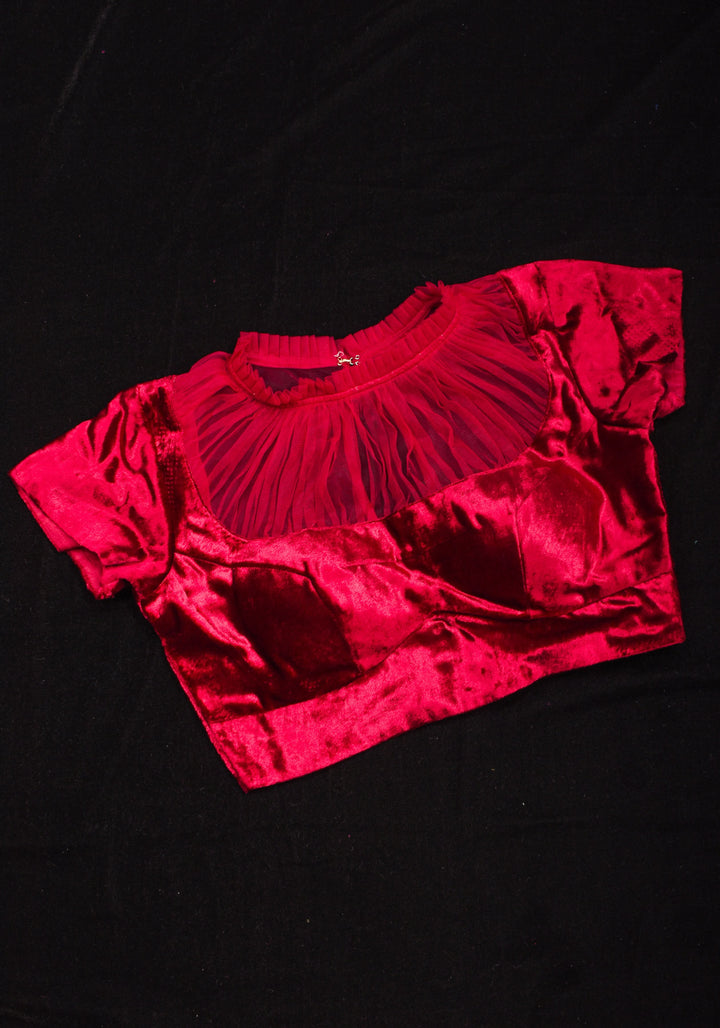 Pomegranate Red Velvet Blouse with Gathered Net Illusion Neck, Made to order