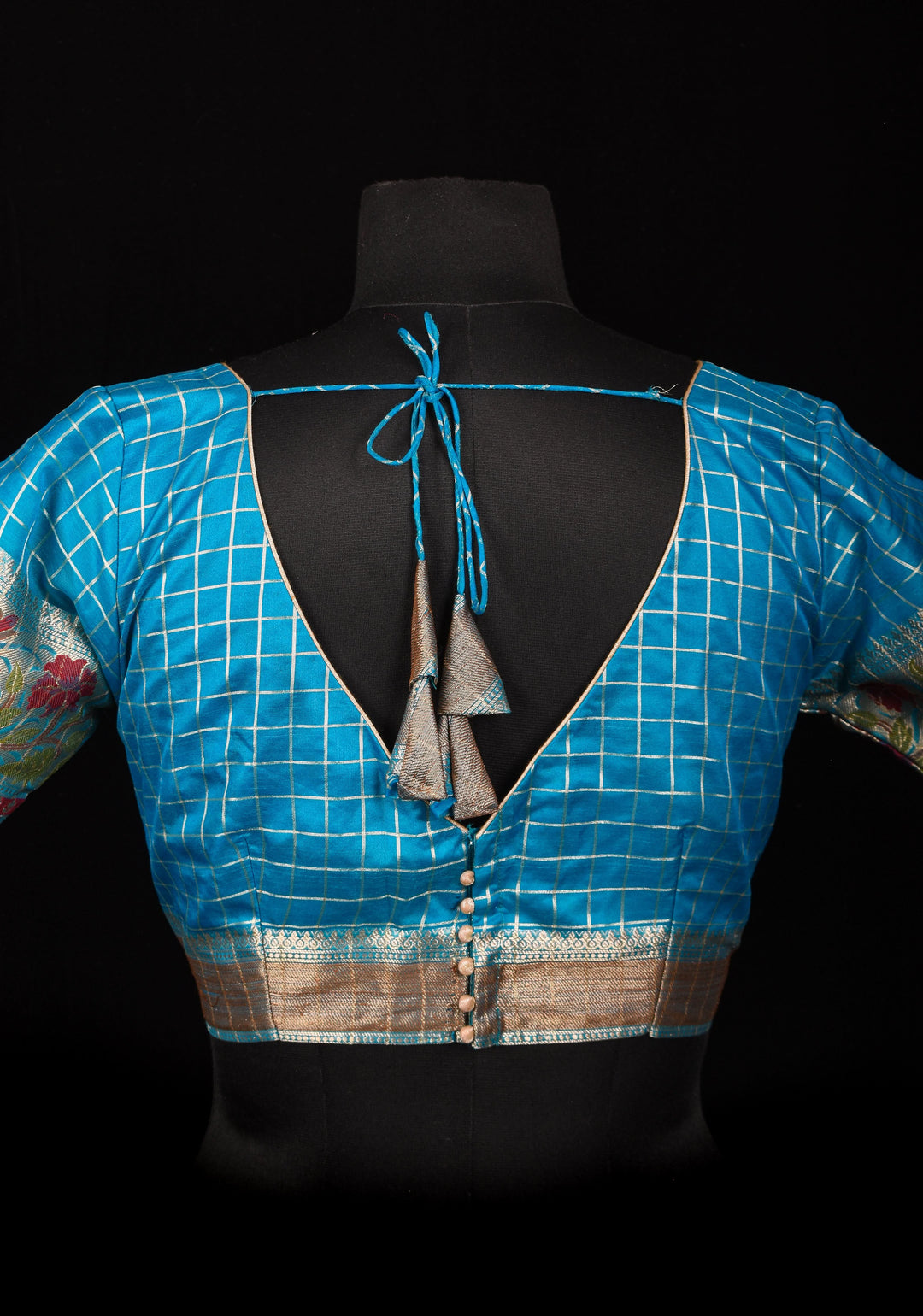 Size 38: Blue Zari Checks Cotton Blouse with meenakari zari border Sleeve