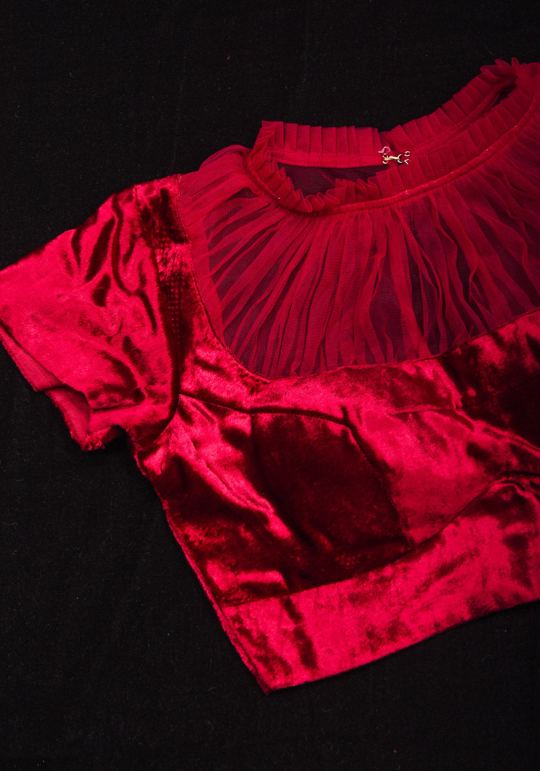 Pomegranate Red Velvet Blouse with Gathered Net Illusion Neck, Made to order