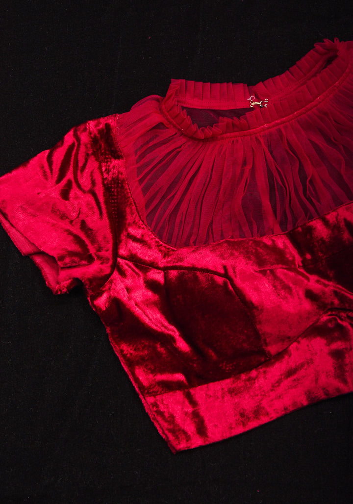 Pomegranate Red Velvet Blouse with Gathered Net Illusion Neck, Made to order