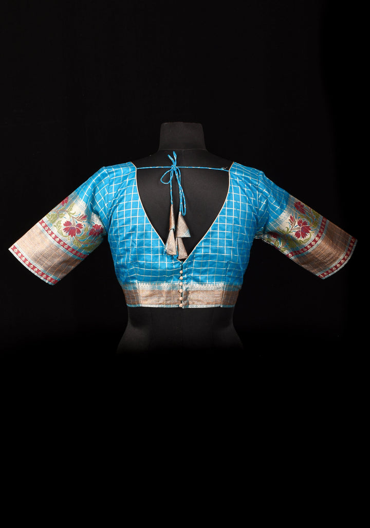 Size 38: Blue Zari Checks Cotton Blouse with meenakari zari border Sleeve