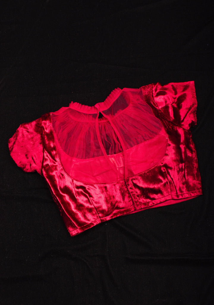 Pomegranate Red Velvet Blouse with Gathered Net Illusion Neck, Made to order