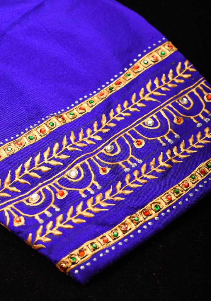 Baby Krishna and Yashodha - Tanjore Handpainting with hand embellished stones and 3d work on Pure silk Purple Blouse, Made to Order