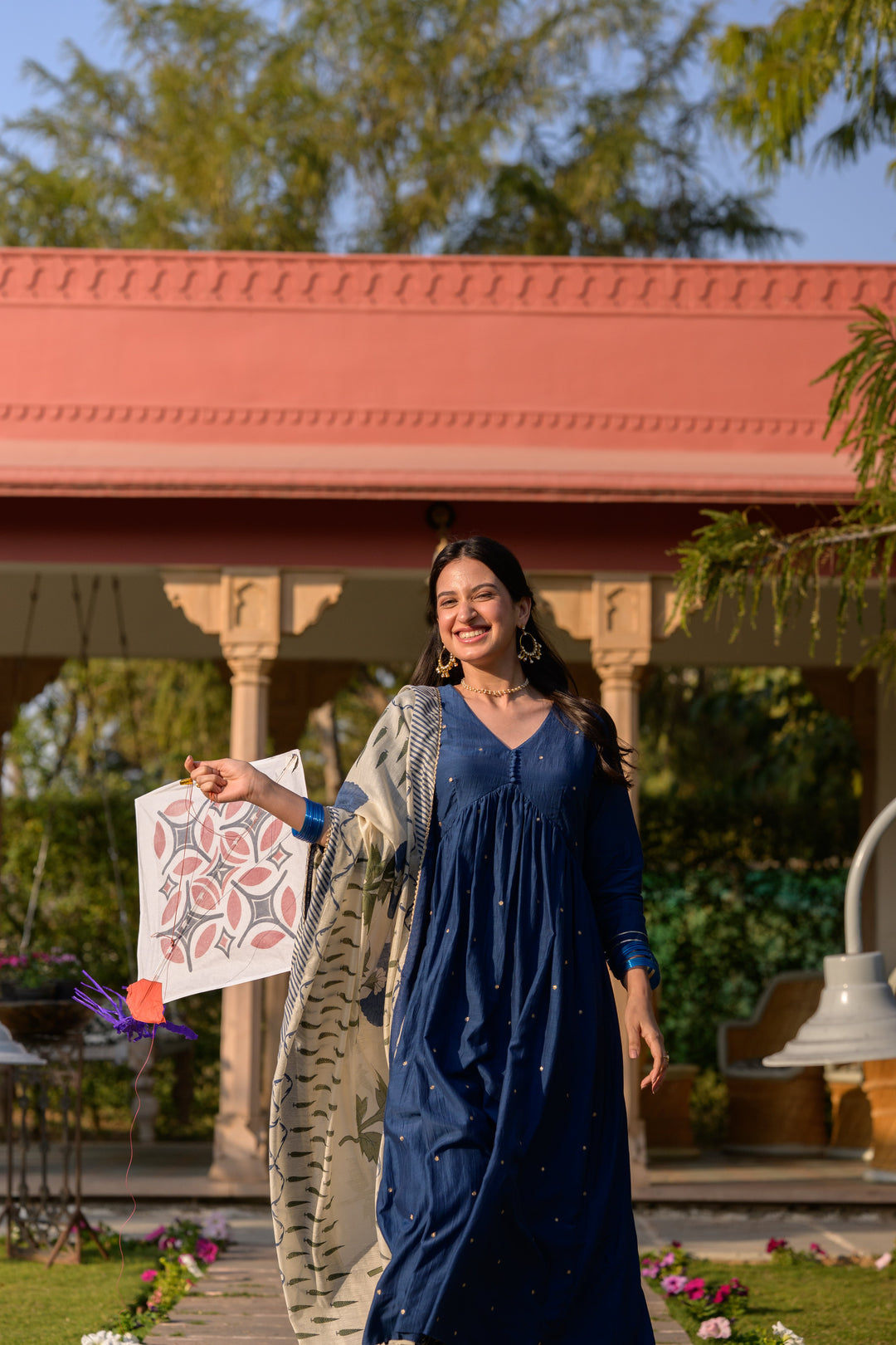 Blue Mul Chanderi Alia Cut With Spread Mirror work and Block Print Dupatta Suit Set- SET OF-3 | SHOB