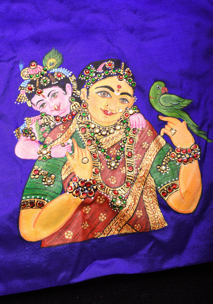 Baby Krishna and Yashodha - Tanjore Handpainting with hand embellished stones and 3d work on Pure silk Purple Blouse, Made to Order