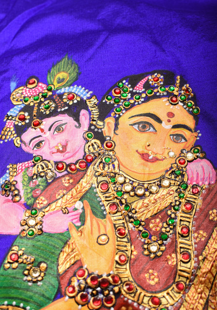 Baby Krishna and Yashodha - Tanjore Handpainting with hand embellished stones and 3d work on Pure silk Purple Blouse, Made to Order